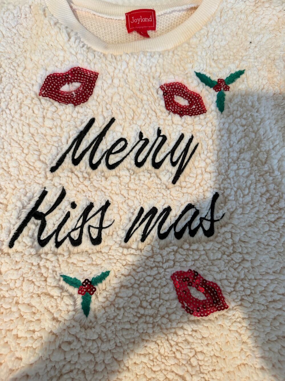 Joyland Merry Kiss Mas Christmas Sweater Women’s L Cream Sequin Holiday Sherpa